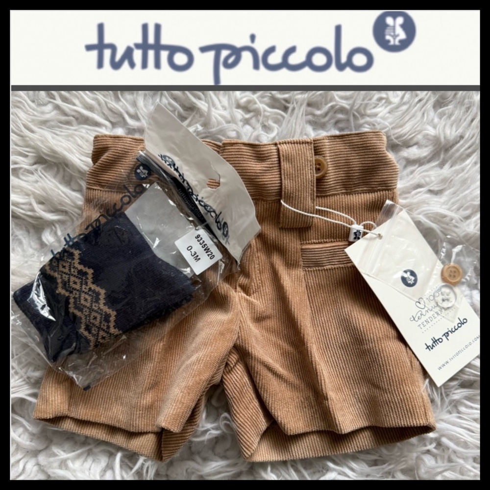 NWT Tutto Piccolo Infant Tan Corduroy Bermudas with Navy Argyle Socks